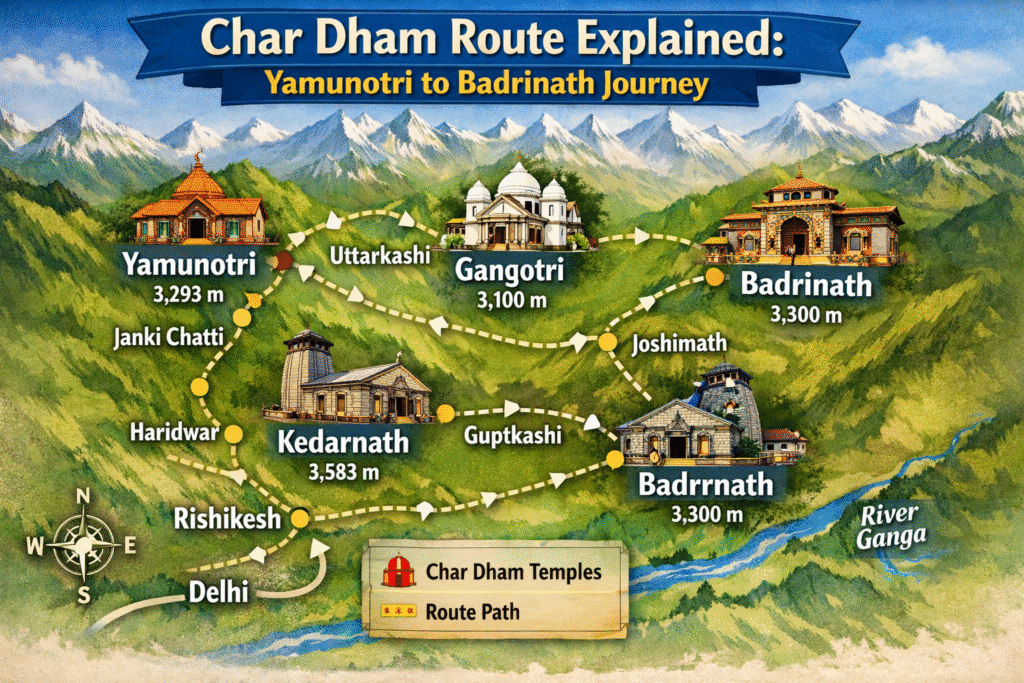 Illustrated map titled “Char Dham Route Explained: Yamunotri to Badrinath Journey” showing the pilgrimage route connecting Yamunotri, Gangotri, Kedarnath, and Badrinath with road paths and Himalayan mountain background.