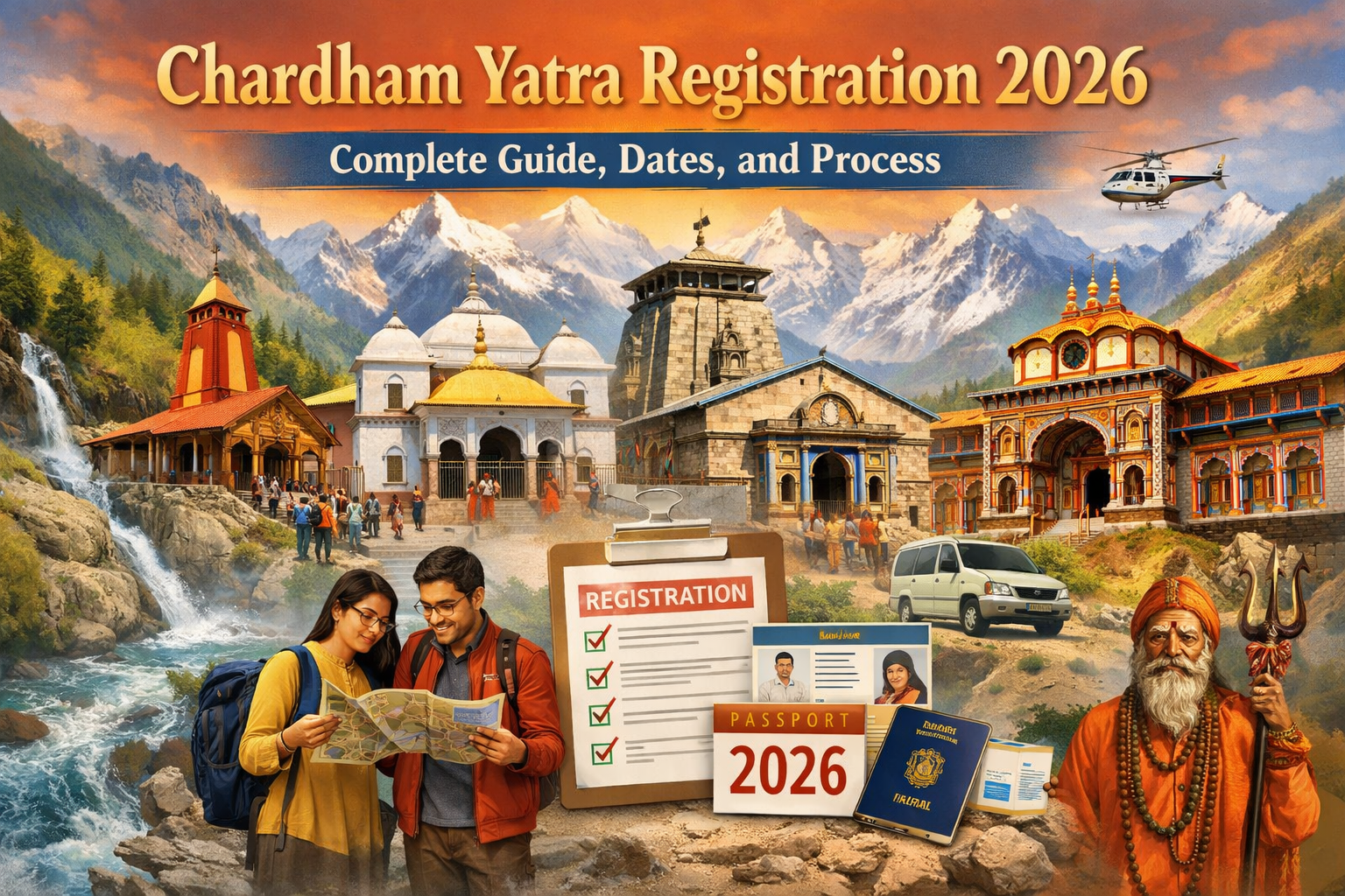 Chardham Yatra Registration 2026 guide image featuring Kedarnath, Badrinath, Gangotri and Yamunotri temples with pilgrims, registration documents, and Himalayan landscape in background.