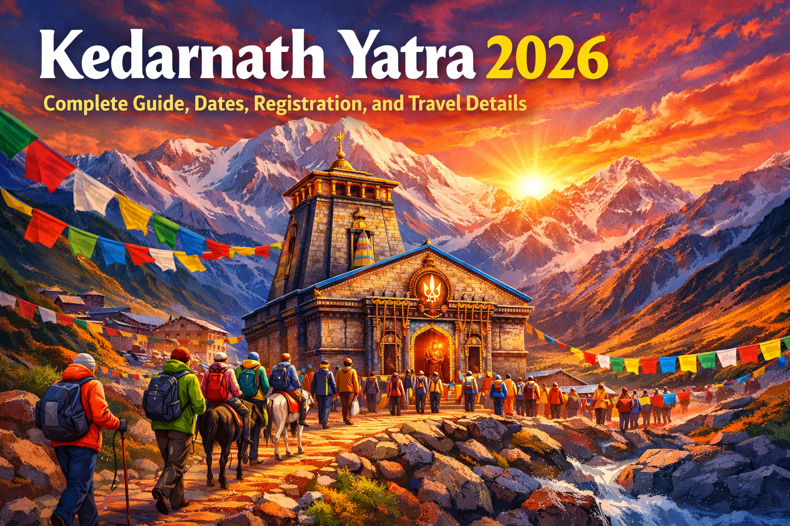 Kedarnath Yatra pilgrims walking towards Kedarnath Temple in the Himalayas