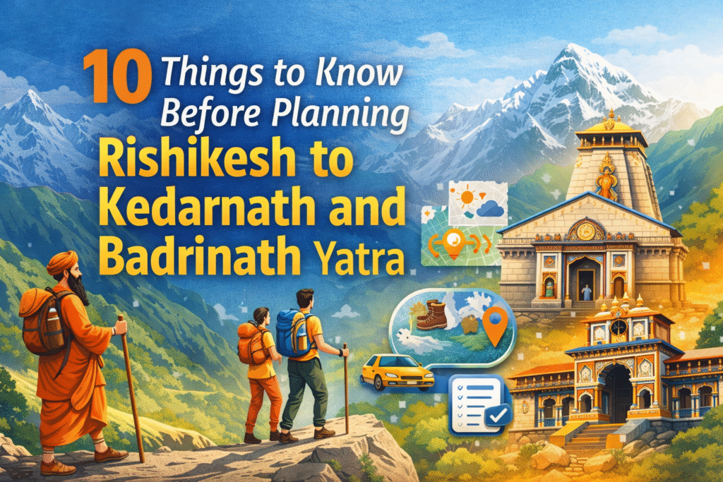 Rishikesh to Kedarnath and Badrinath Yatra guide banner showing Himalayan temples, trekking pilgrims, and travel planning essentials